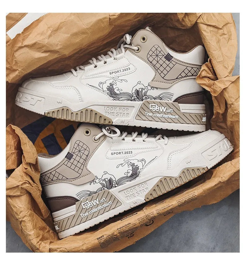 Men's beige and white high-top board shoes with mesh lining and rubber soles