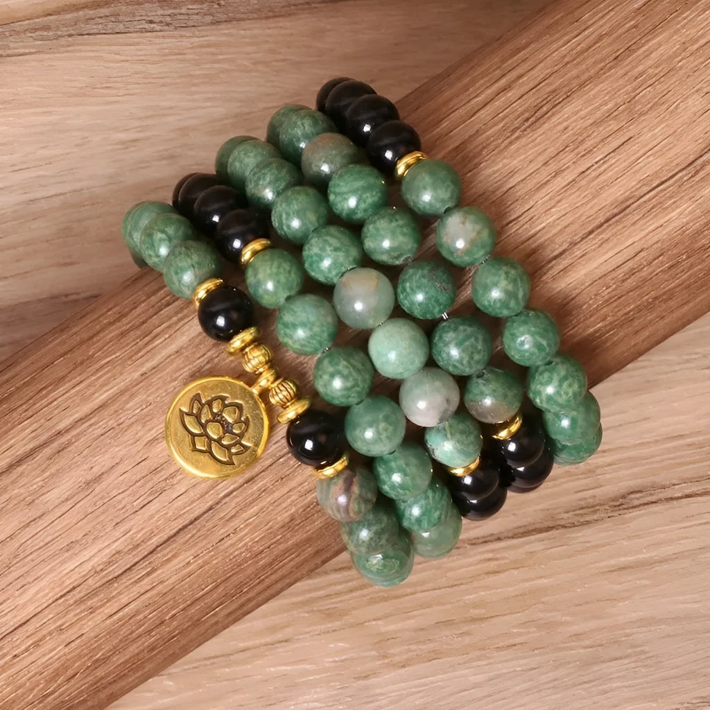 Green and black alloy elastic beaded long bracelet with stretch fit