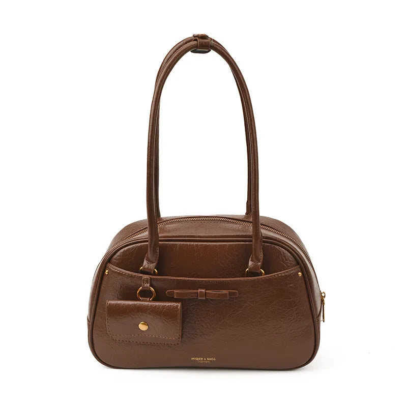 Women's retro PU shoulder bag in black with horizontal square shape and double shoulder straps