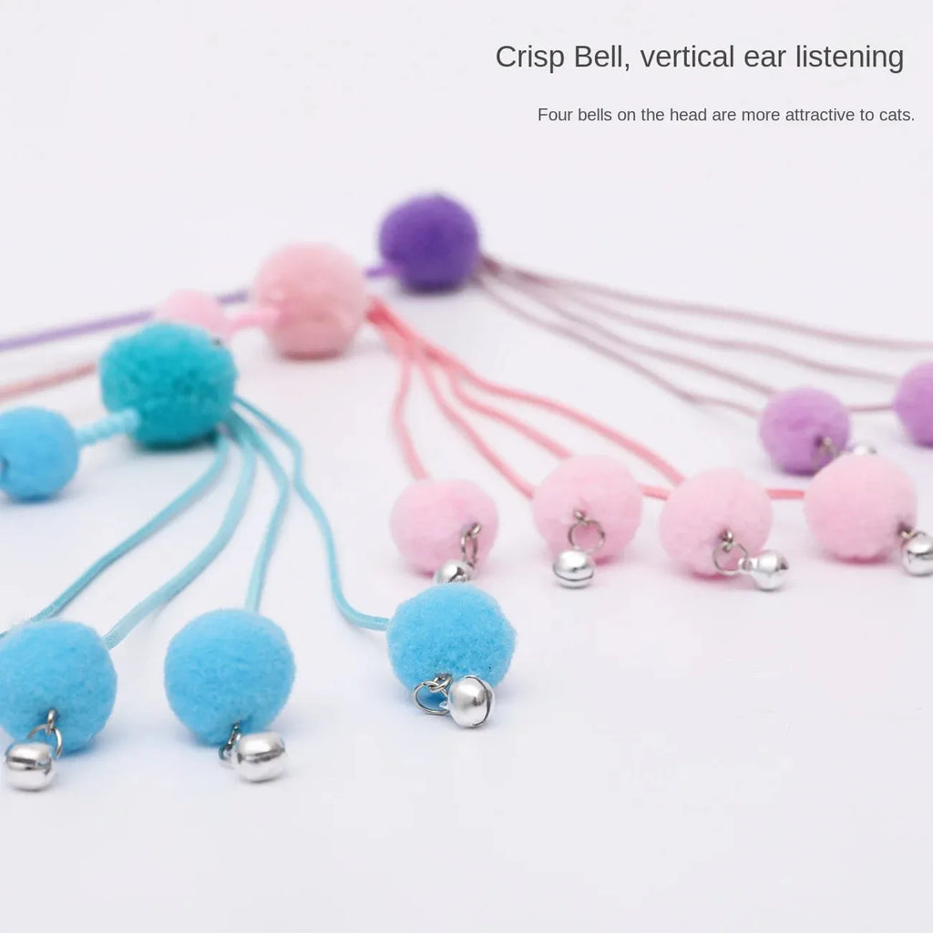 Colourful cat toy stick with a feather tassel on a foam handle in blue, pink, and purple options.
