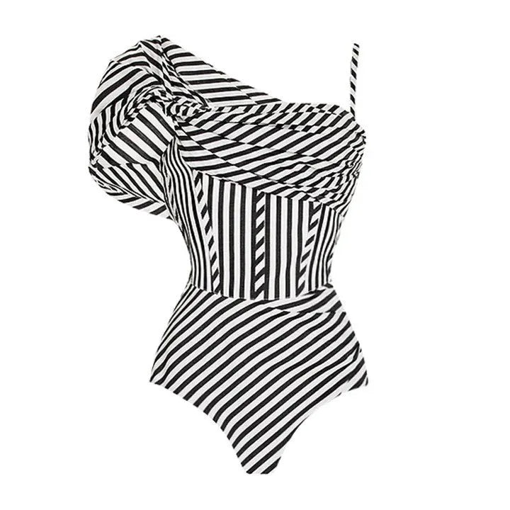 Women's striped ruffled one-piece swimsuit with attached skirt in polyester fabric