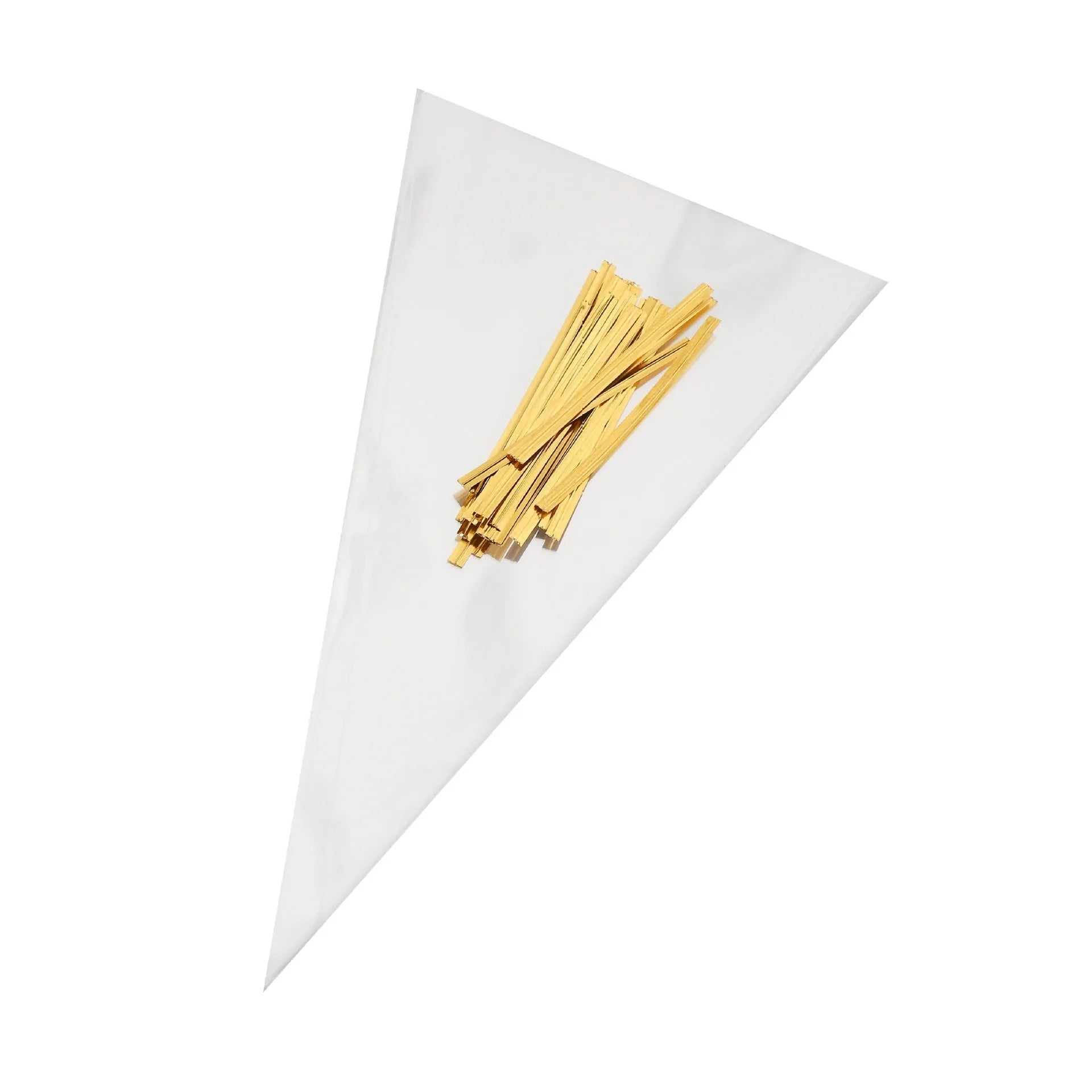 Triangle-shaped clear OPP plastic packaging bags with tie wire closures for holiday gifts