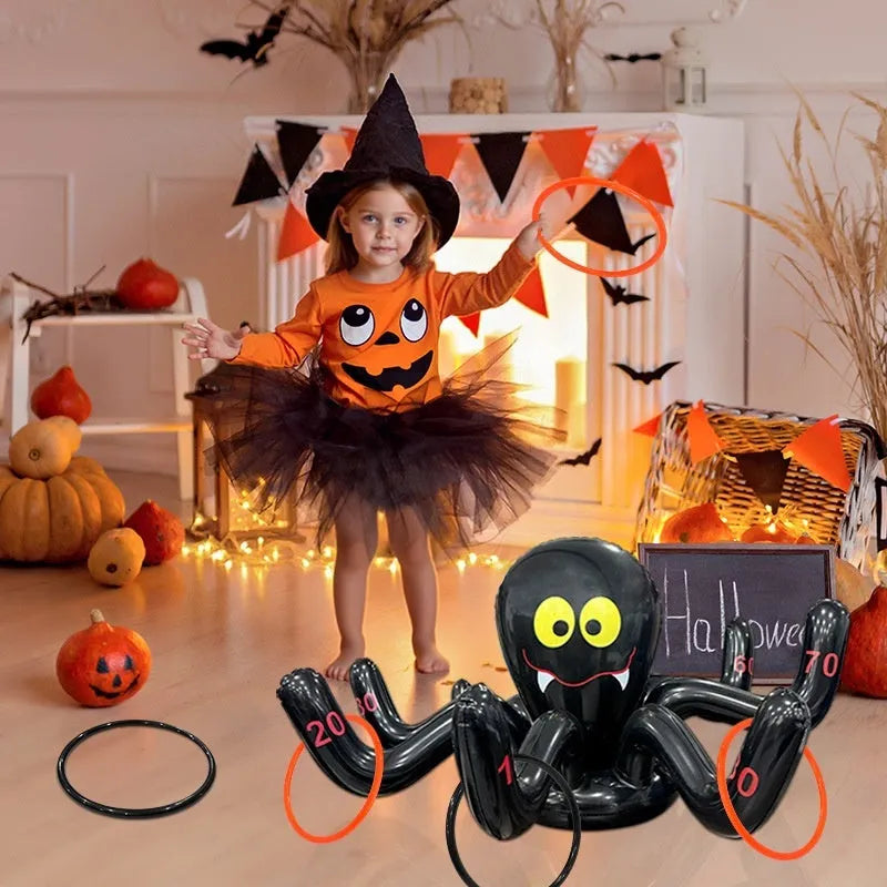 Colourful inflatable PVC ferrule throwing toys in octopus, antler, witch hat, and Santa Claus designs for Halloween games.