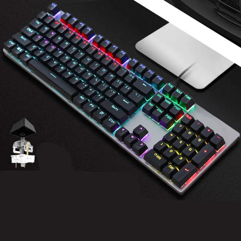 AOC GK410 wired mechanical keyboard with metal top plate and green switch keys on a desk.