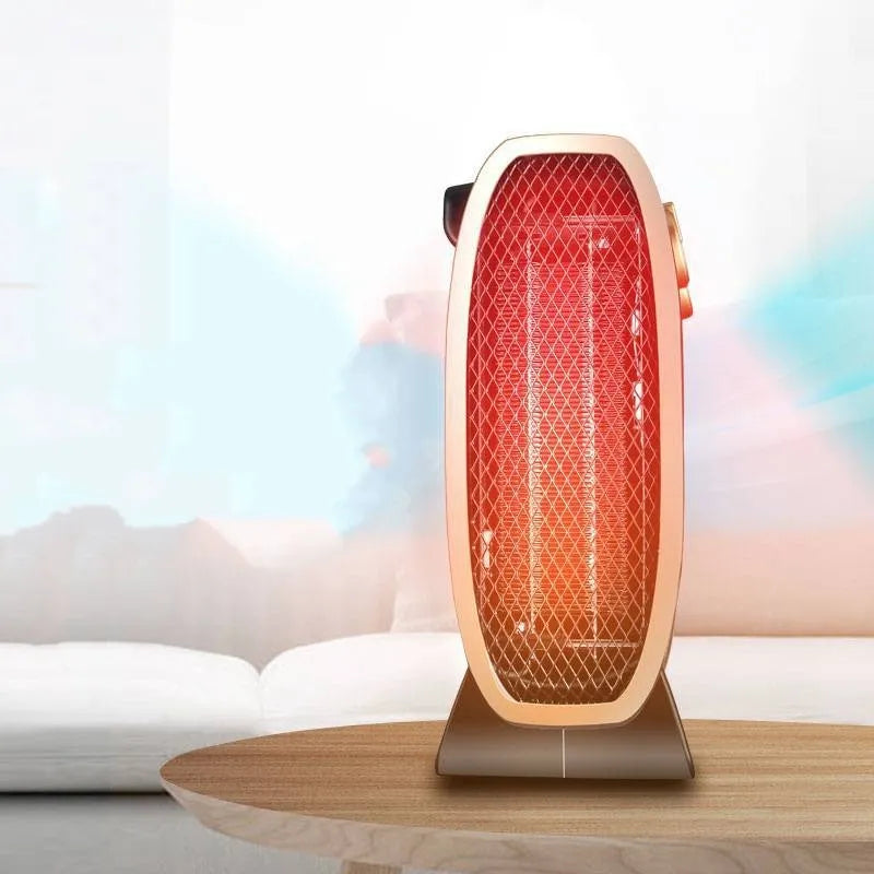 White electric fan heater with mechanical dial controls and grill.