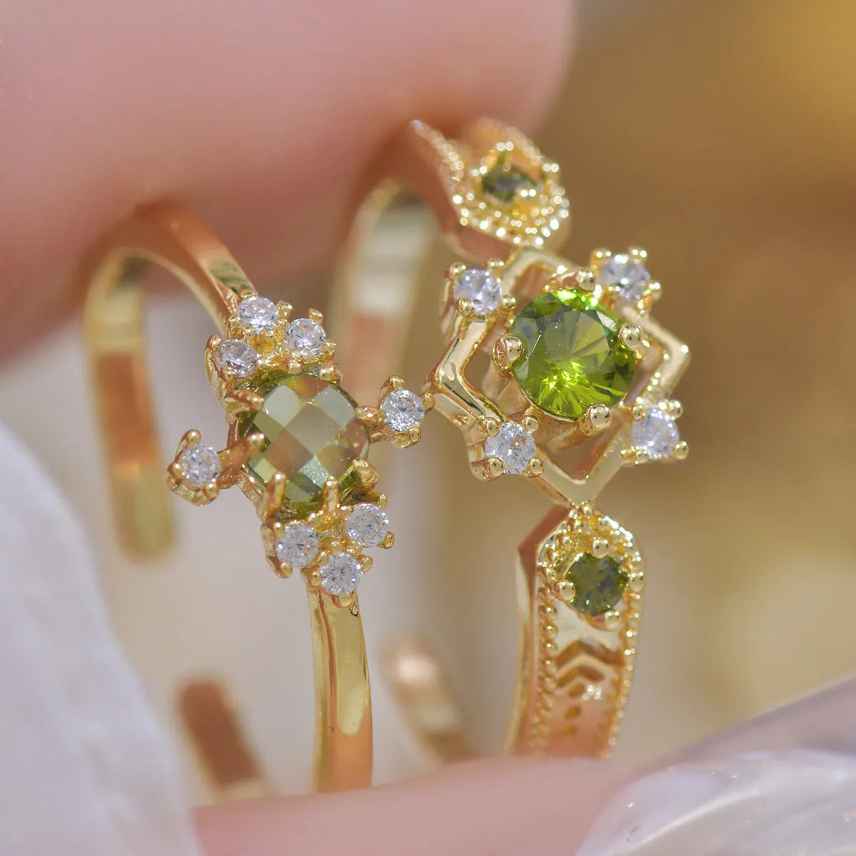 Geometric French style women's ring with purple zircon stones and open mouth adjustable design.