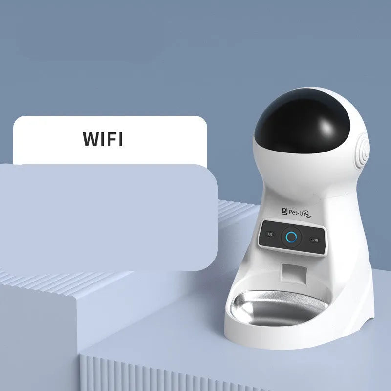 White WiFi automatic pet feeder with 3L dry food capacity, programmable timed portions, L210 x W290 x H380 mm