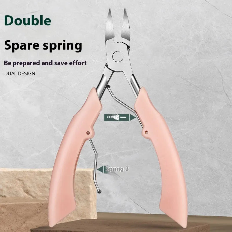 Specialised olecranon nail groove clippers with bevelled blades and a plastic stainless steel handle.