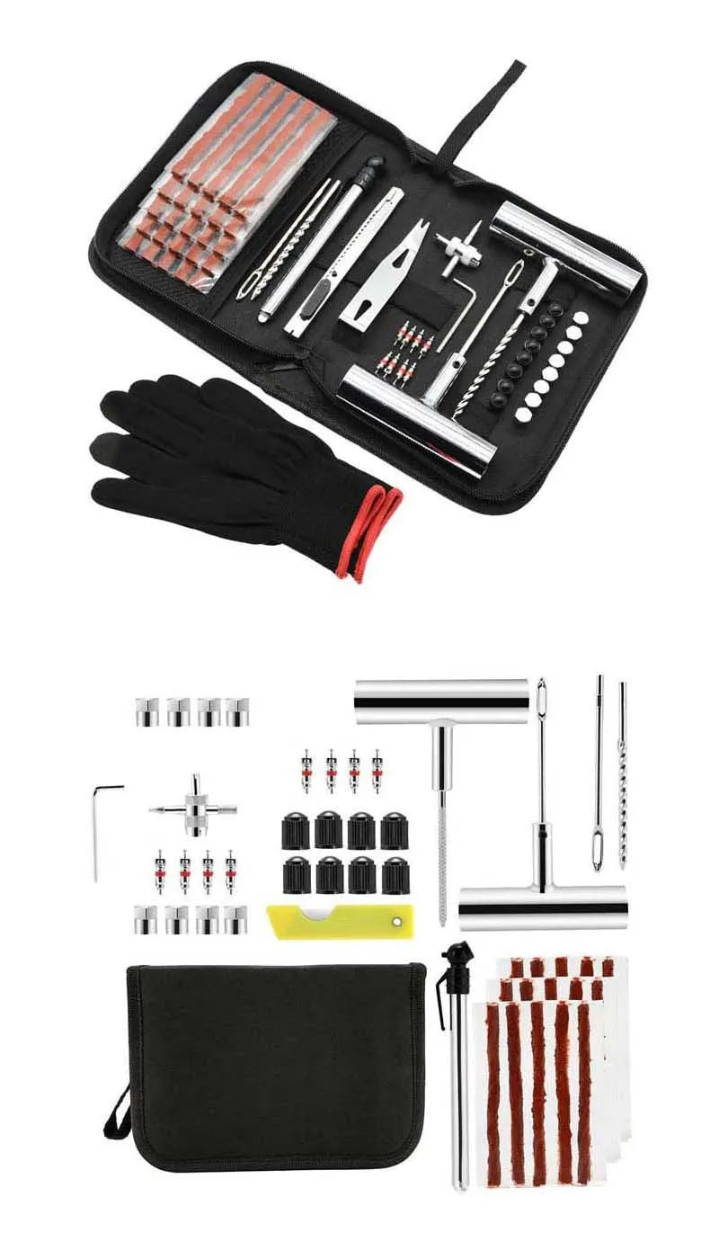 A cloth bag containing a 43-piece tire repair kit with 45 steel tools for puncture repairs.