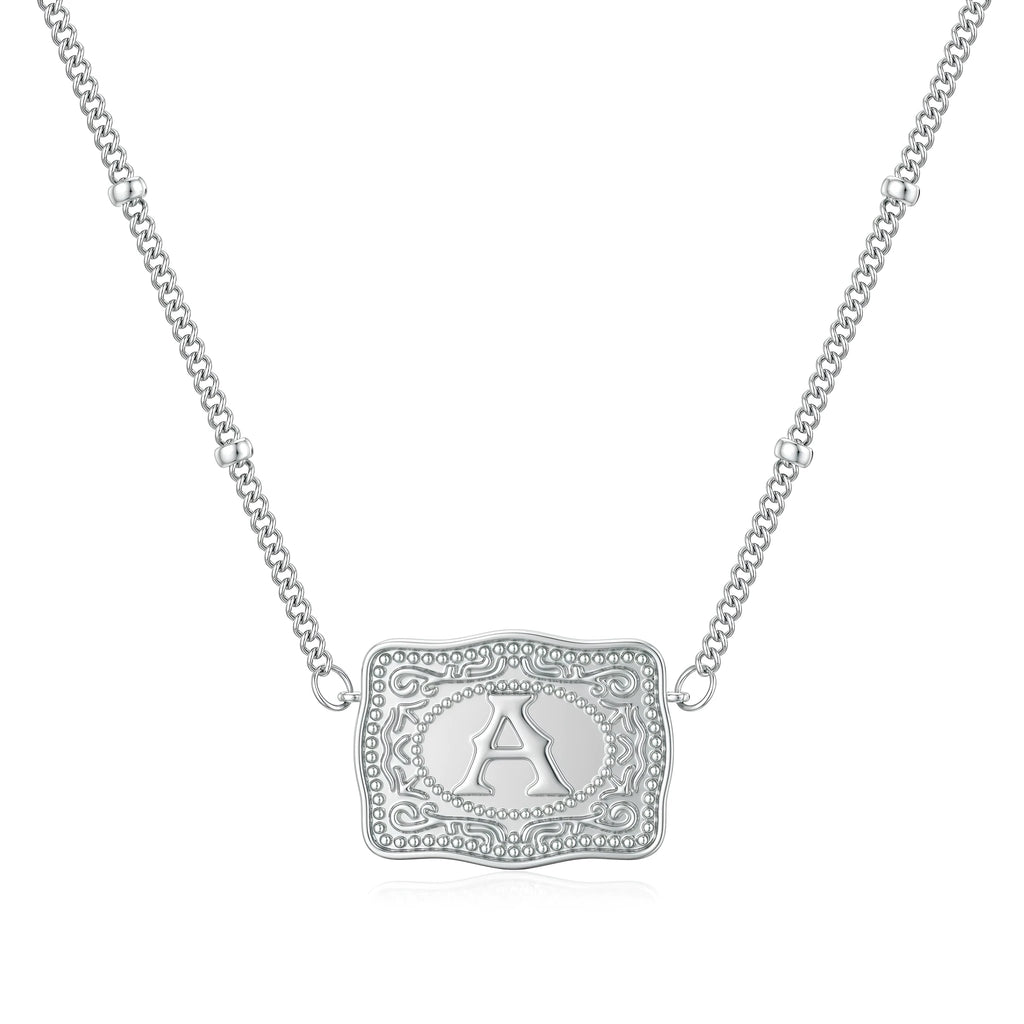 Copper alphabet letter necklace with electroplated gold or white K finish showing personalised letter pendant
