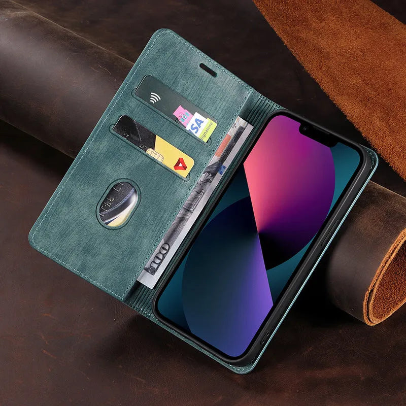 Black magnetic leather flip phone case for iPhone shown closed and open, displaying interior TPU shell and precise port cutouts.