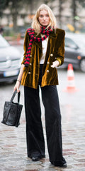 Women's mid-length loose fit suit coat with pockets in black, wine red, dark green, and ginger yellow colours