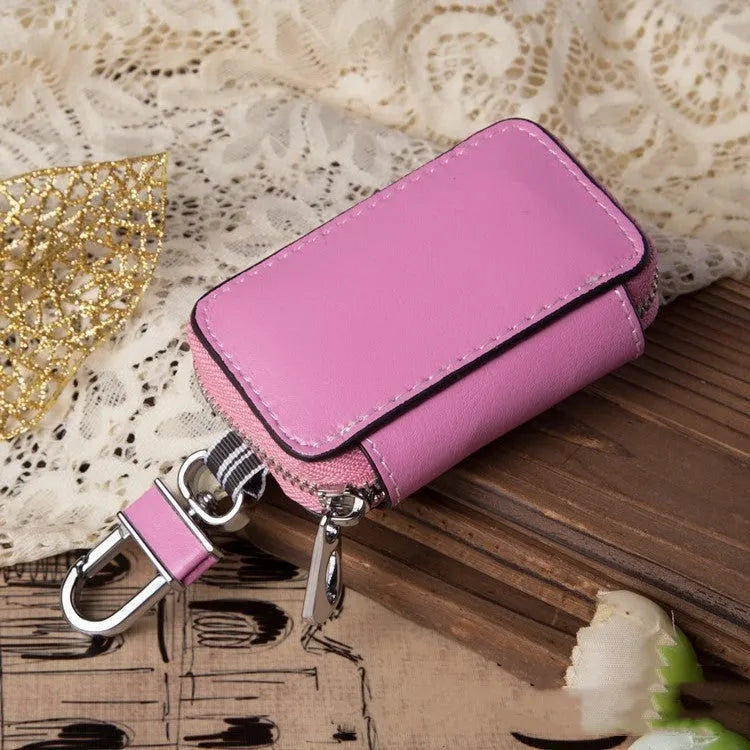 White genuine leather square car key case showing plain weave texture and dimensions.