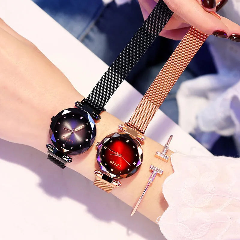 Women's starry quartz watch with magnetic strap and transparent band in L rose gold brown