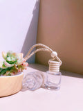 Glass car fragrance pendant showing Cylinder, Diamond, Flat Drum, and Square bottle style options.