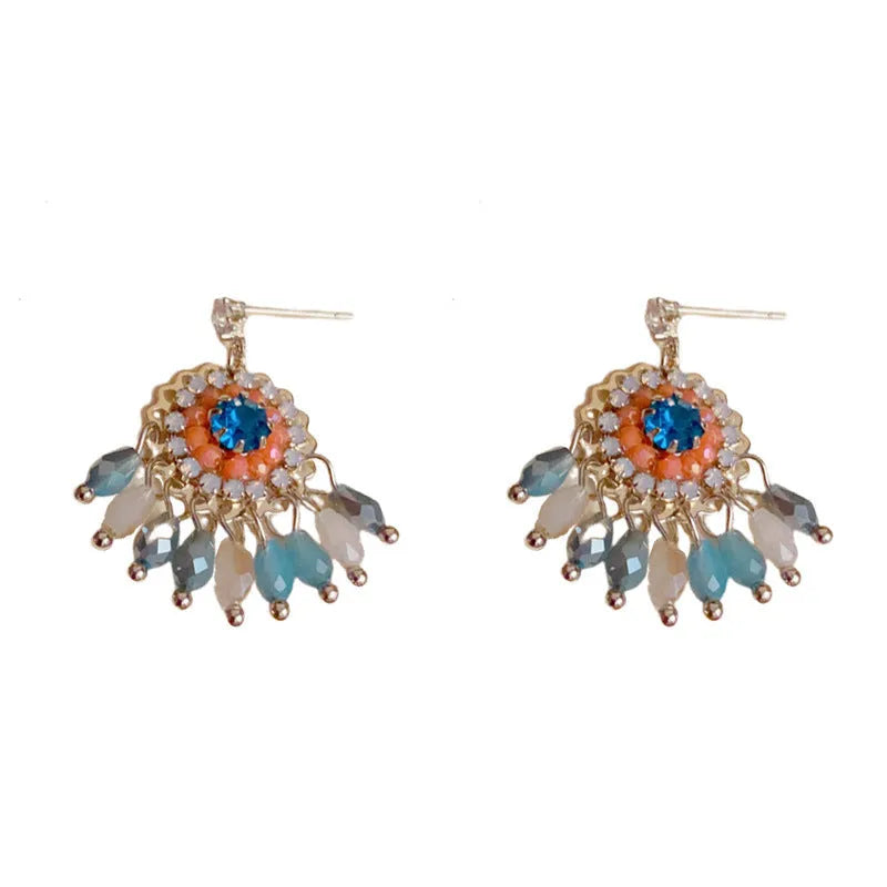 Purple and blue diamond-embedded round crystal tassel earrings with thick gold plating