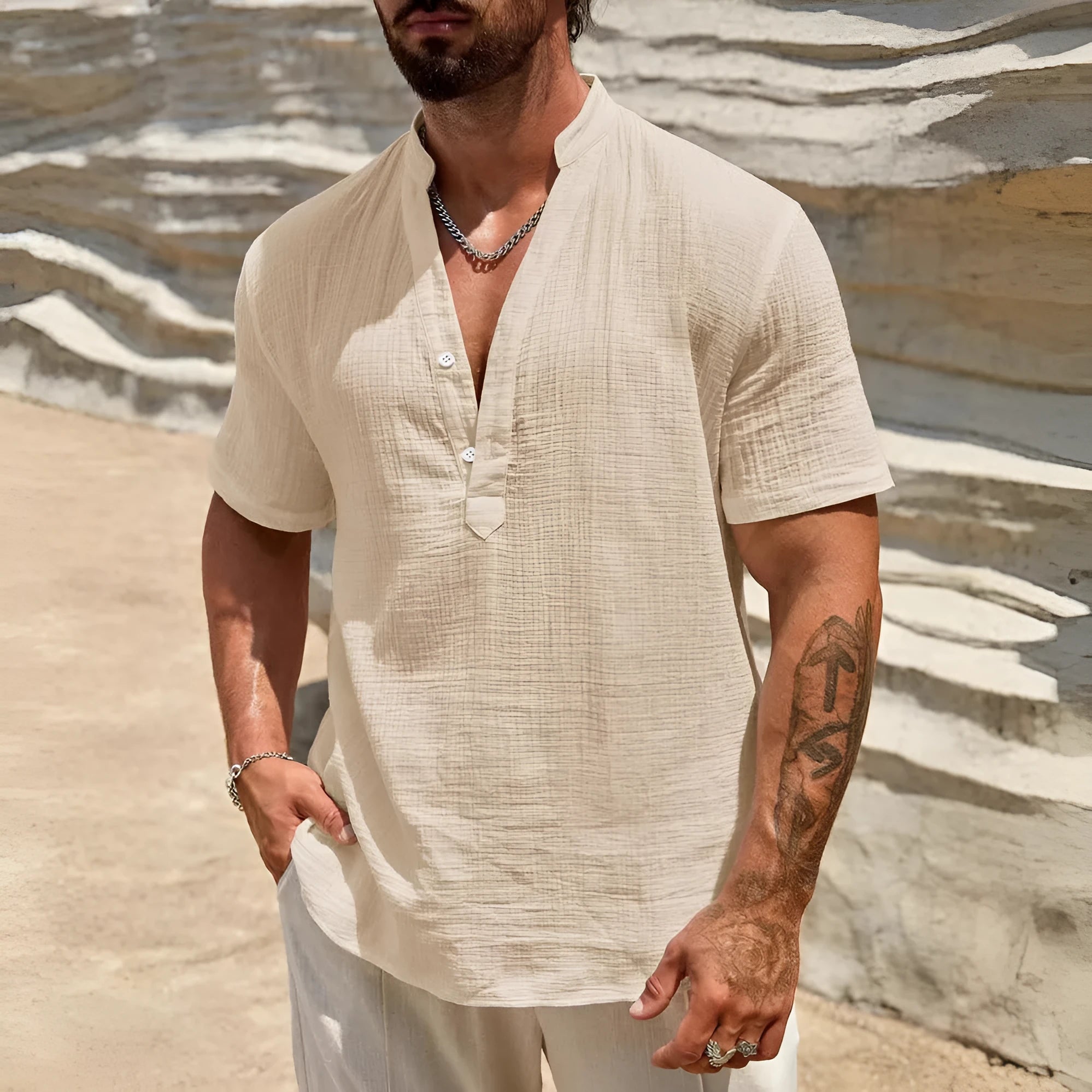 Men's solid colour short-sleeve shirt with a stand collar in a light blue shade.