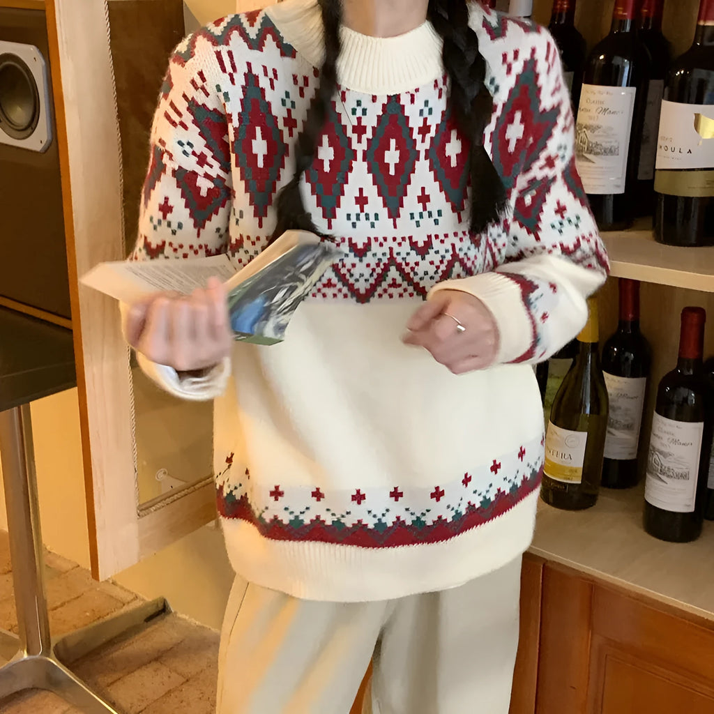 Red and white striped loose retro knitted pullover top with long sleeves