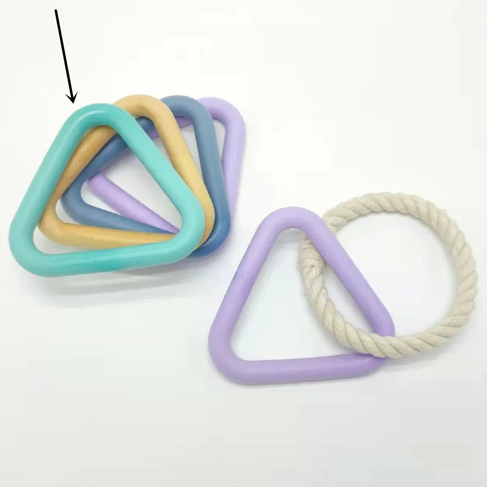 Triangle TPR and cotton rope dog bite toy with 13.5cm side length in violet, beige, navy blue or turquoise
