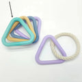 Triangle TPR and cotton rope dog bite toy with 13.5cm side length in violet, beige, navy blue or turquoise