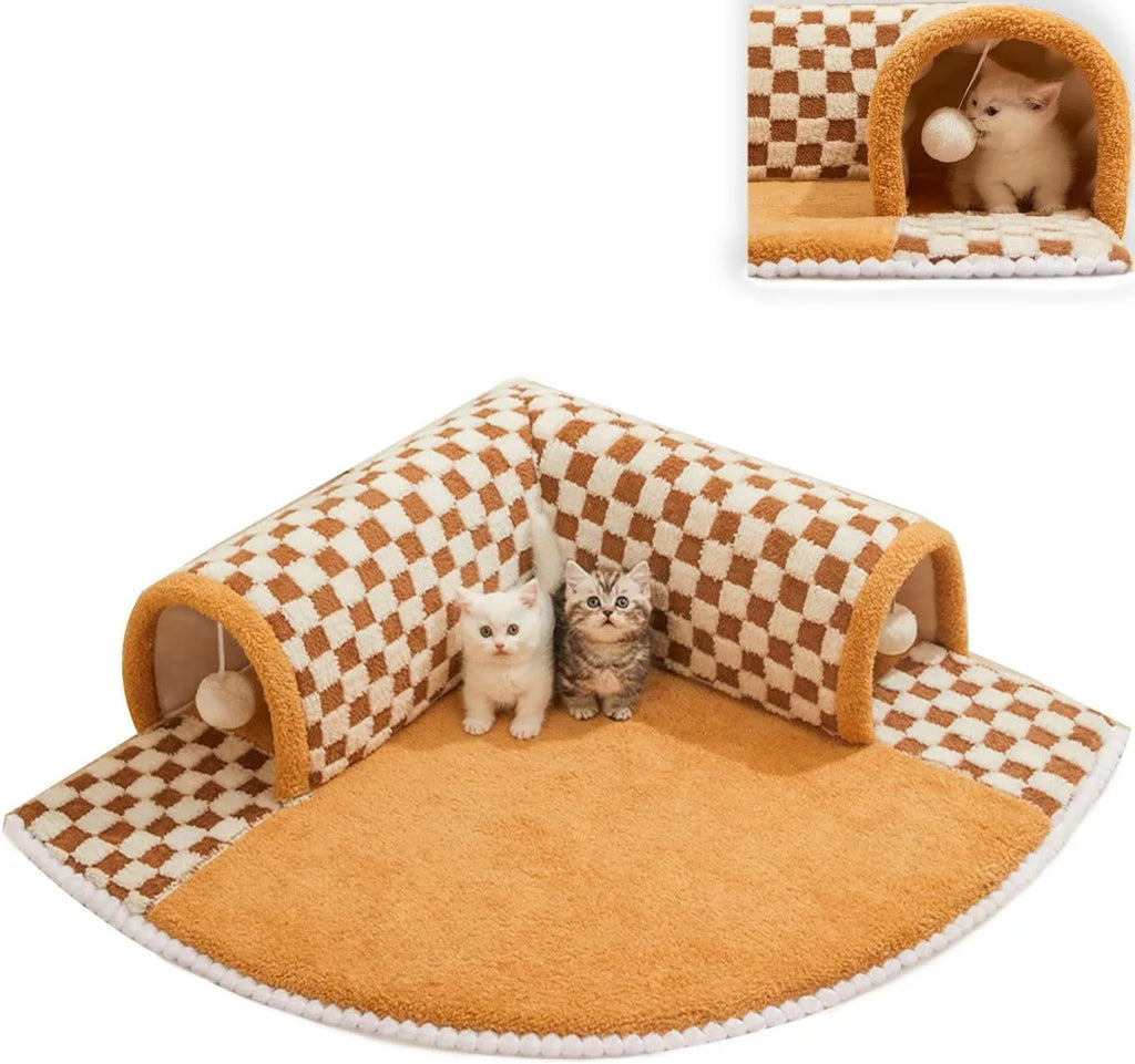 Brown plush plaid cat tunnel bed with central mat and zippered tunnel for indoor cats