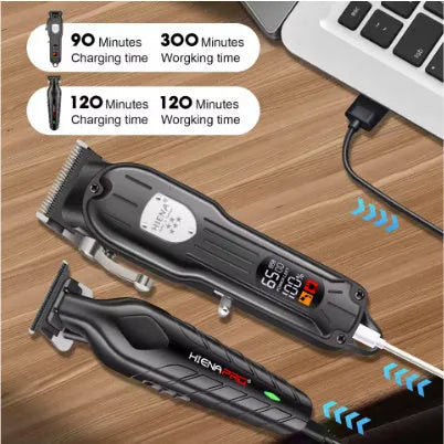 Black professional hair clipper set with LCD display, shown with USB charging cable.