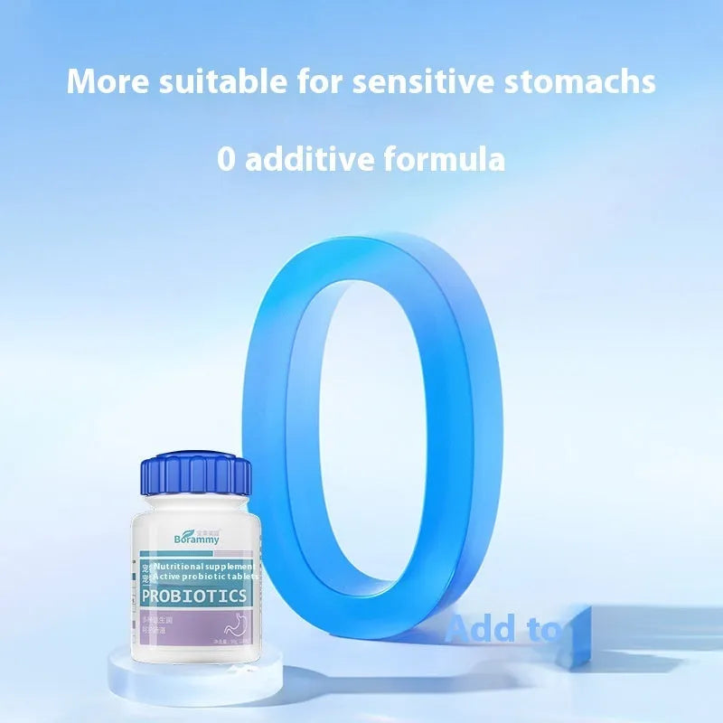 Sealed plastic bottle containing 180 small, round pet probiotic tablets on a plain background.
