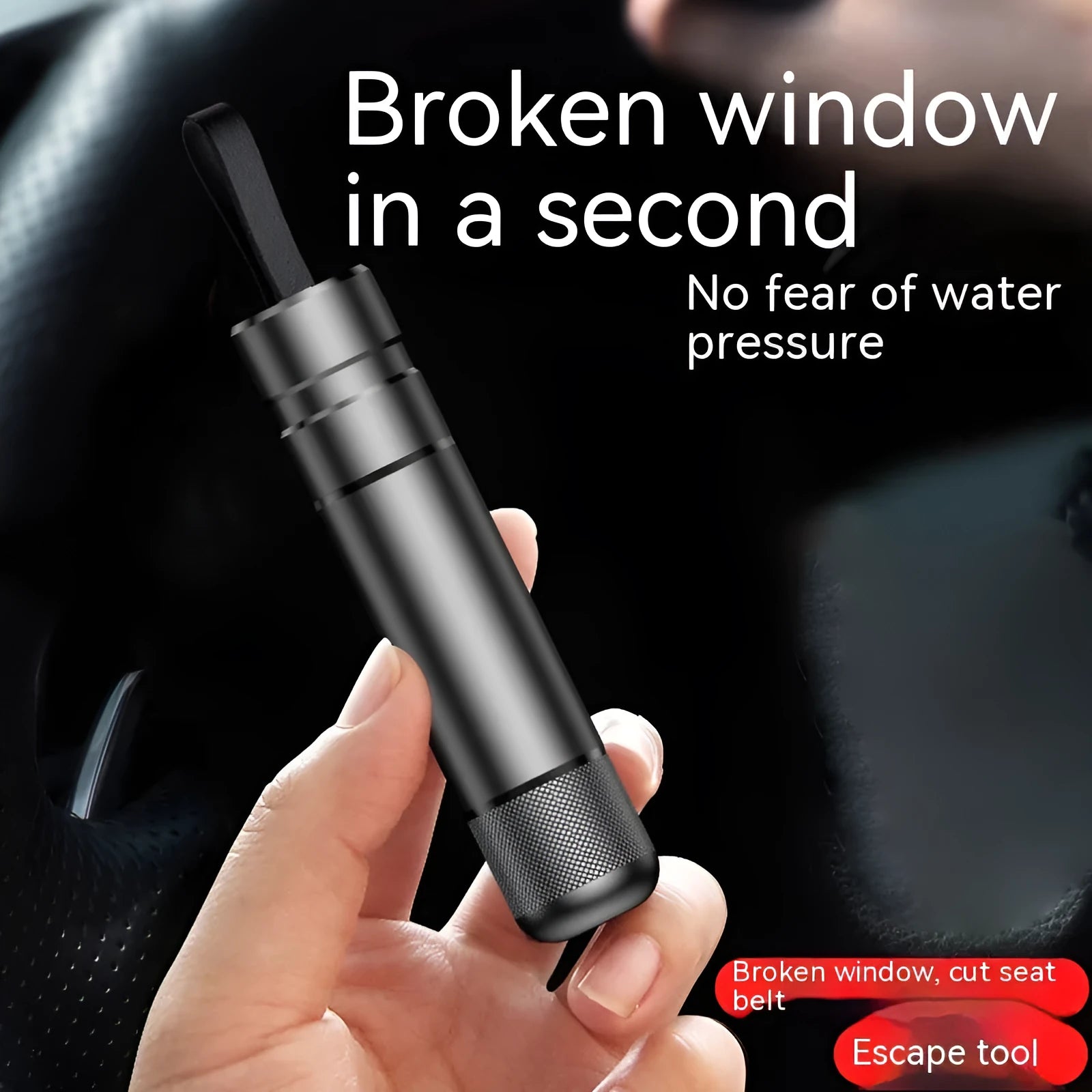 Aluminium alloy car safety hammer with window breaker and seatbelt cutter, showing black colour option.