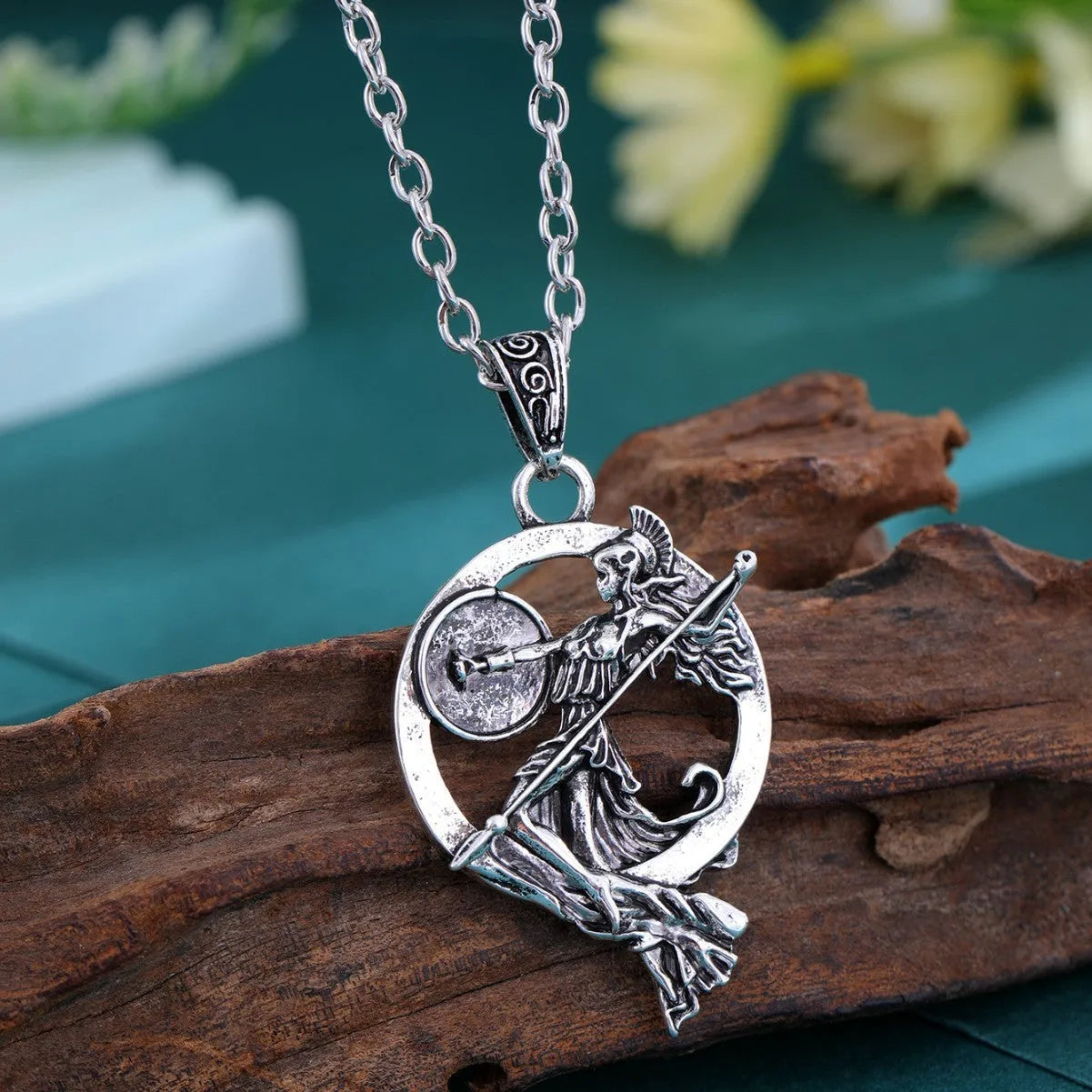 War Goddess Accessories gold-tone retro fashion necklace with warrior goddess pendant on a woman