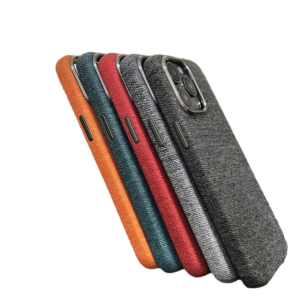 Flannel cloth pattern magnetic phone case for iPhone 12 to 16 series with metal lens cover in multiple colours
