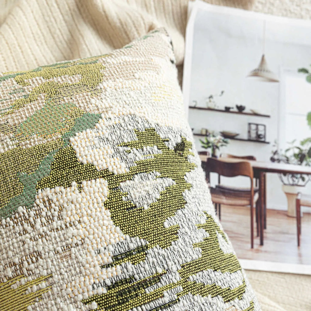 Antique green wool blended abstract pillow with spring flowers pattern in 50x50cm square size.