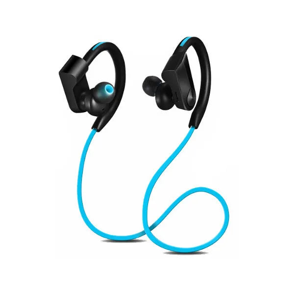 Black wireless neckband Bluetooth earphones with in-ear buds and a USB charging cable.