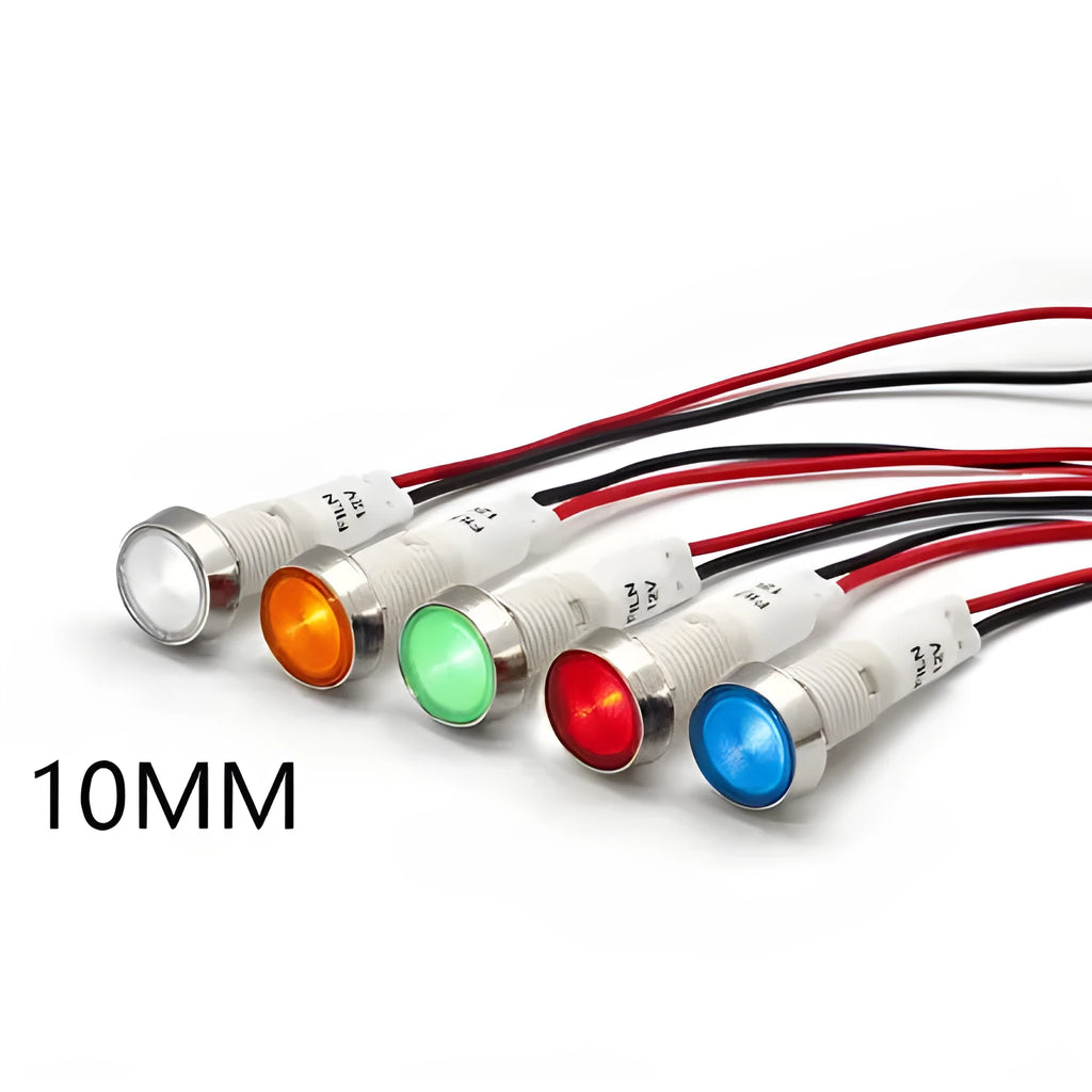 10mm stainless steel edge metal indicator light with wire in blue, green, red, white, and yellow colours.