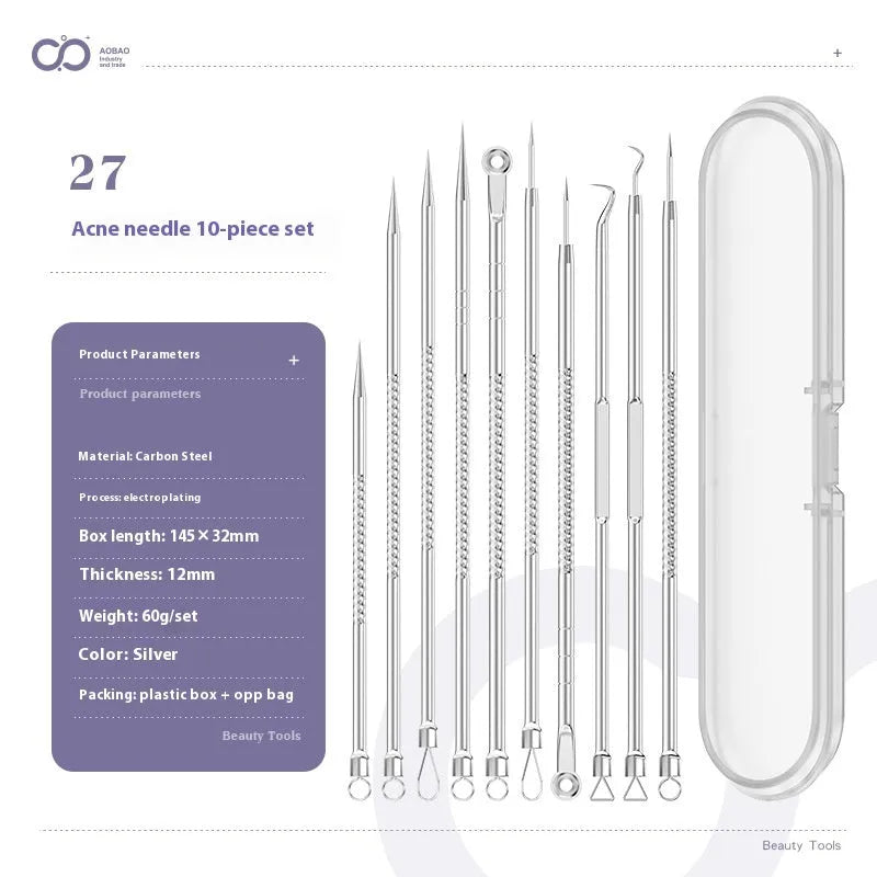 Four silver metal acne needles with ultra-fine pointed tips arranged on a clean surface.