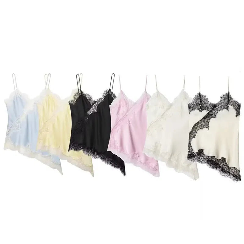 Women's lace trim camisole, slim fit, 50cm length, solid colour, non-detachable straps