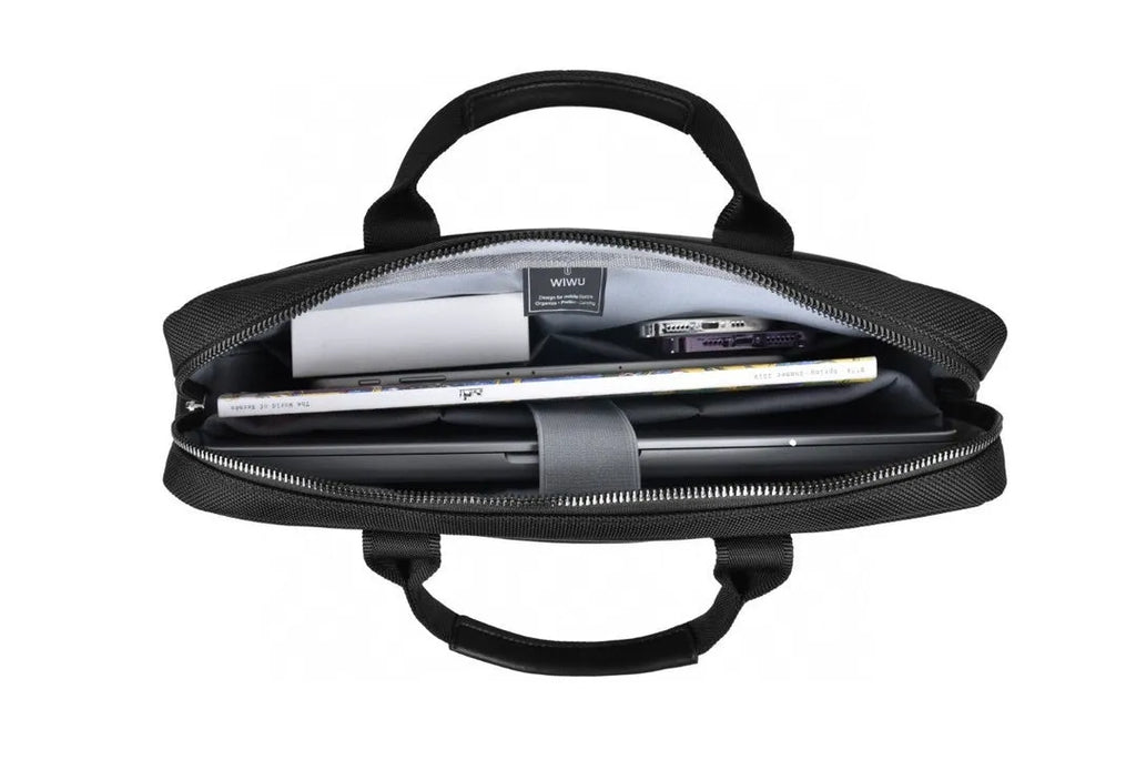 Black Oxford cloth laptop handbag showing multiple pockets and a lock, suitable for a 15.6-inch device.