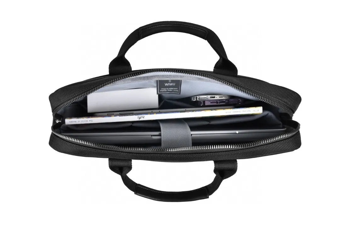 Black Oxford cloth laptop handbag showing multiple pockets and a lock, suitable for a 15.6-inch device.