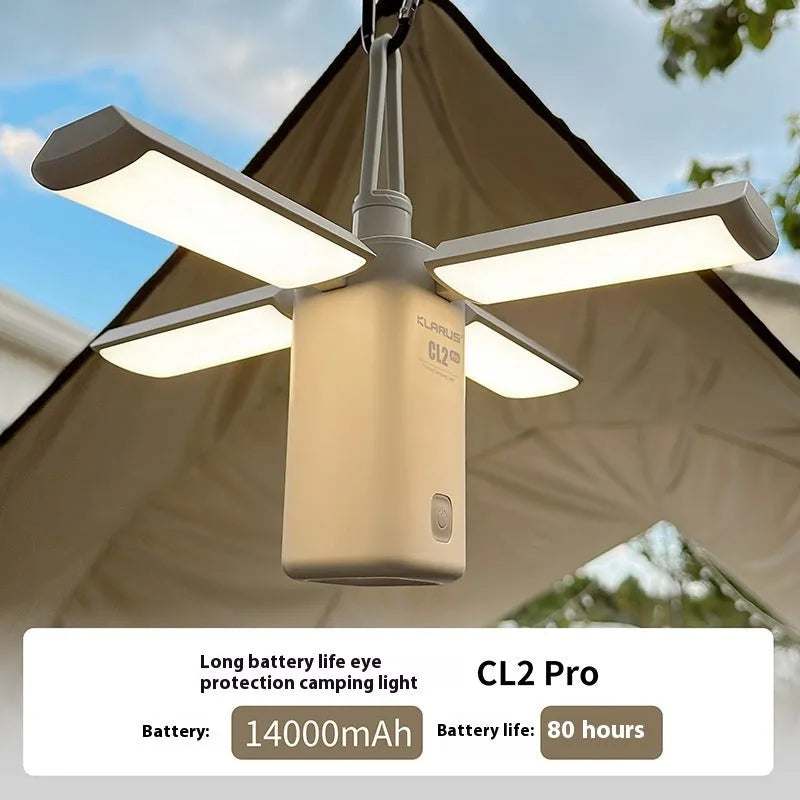 White and green rechargeable LED camping lantern with USB charging cable
