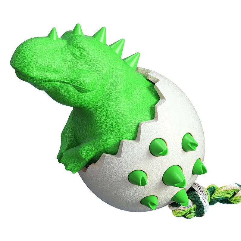 Blue dinosaur-shaped dog chew toy with rubber body and nylon rope tail.