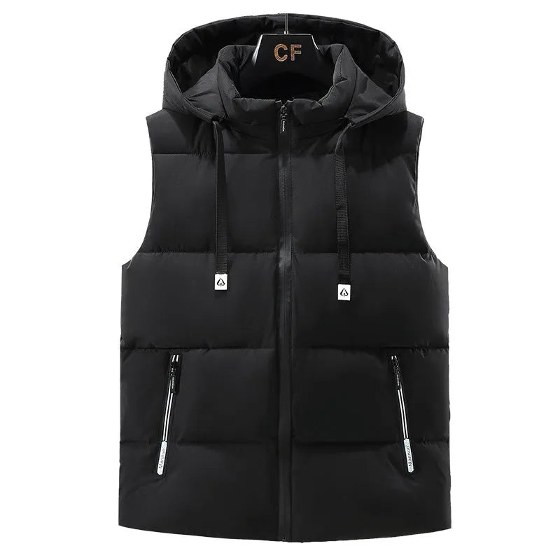 Men's solid colour thickened vest with a removable cap, shown in black and blue colour options.