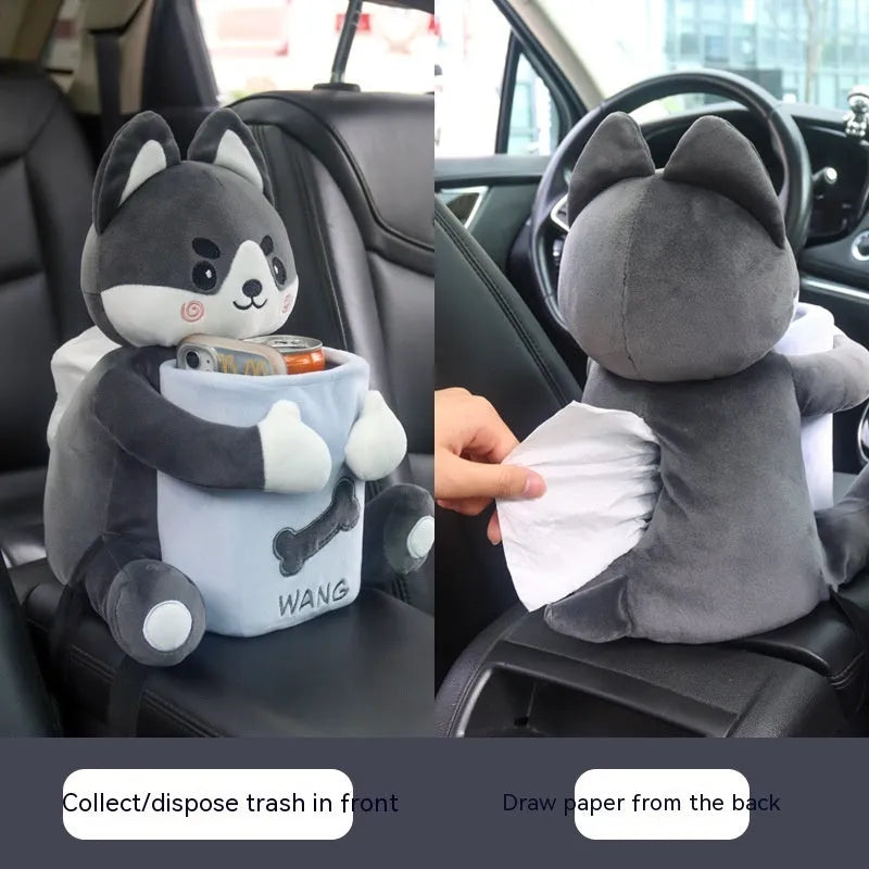 Plush car tissue box hanging from armrest showing 27x33cm dimensions and novelty dog design