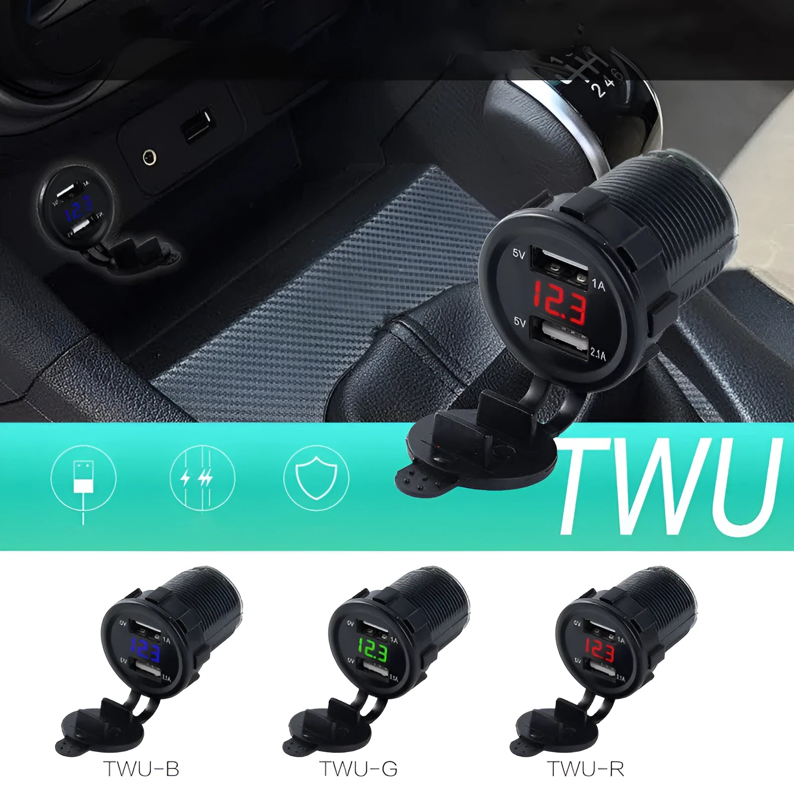 Waterproof motorcycle car charger with USB port and cigarette lighter socket showing LED indicator light