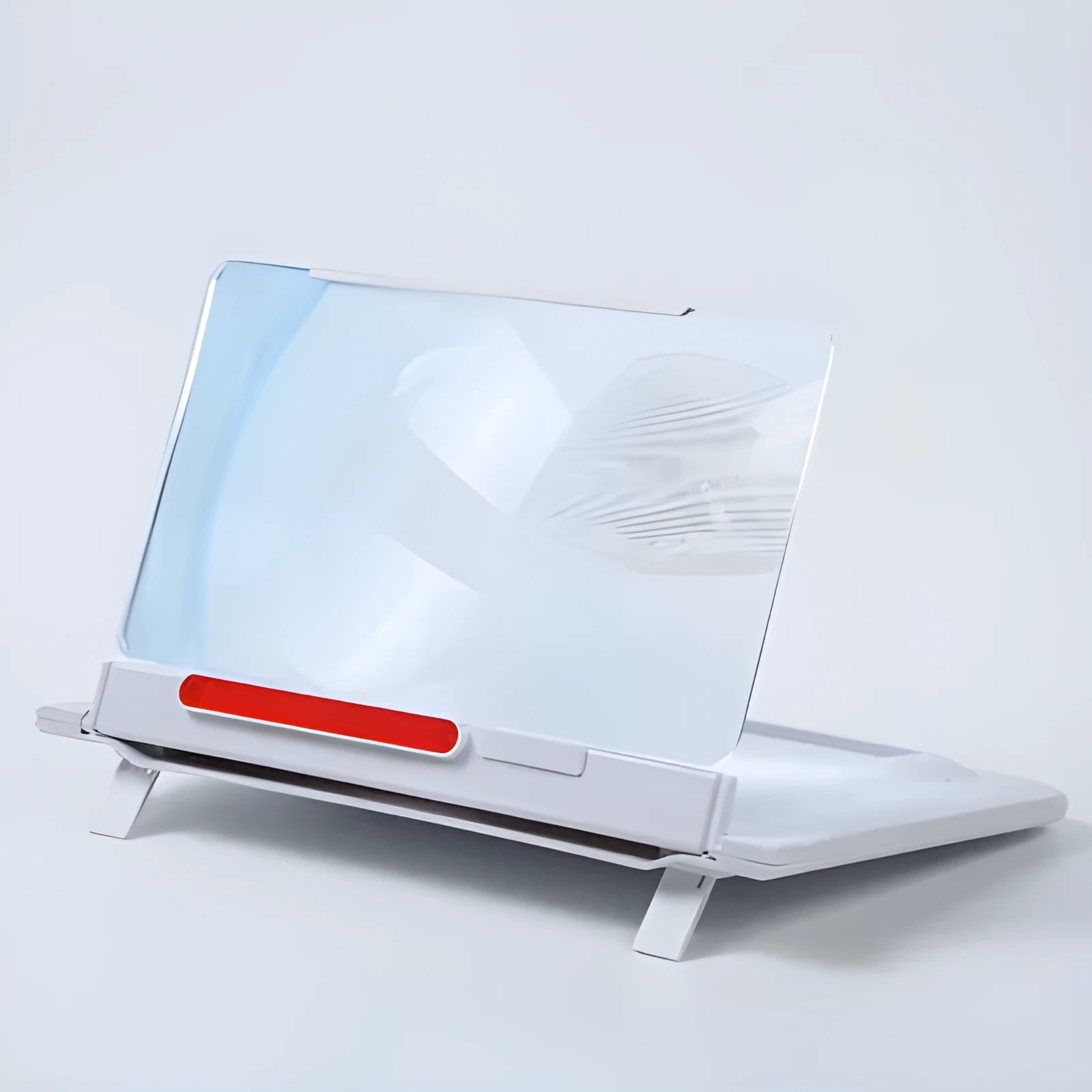 Black 12-inch pull-out screen amplifier showing horizontal and vertical phone bracket positions with Fresnel lens