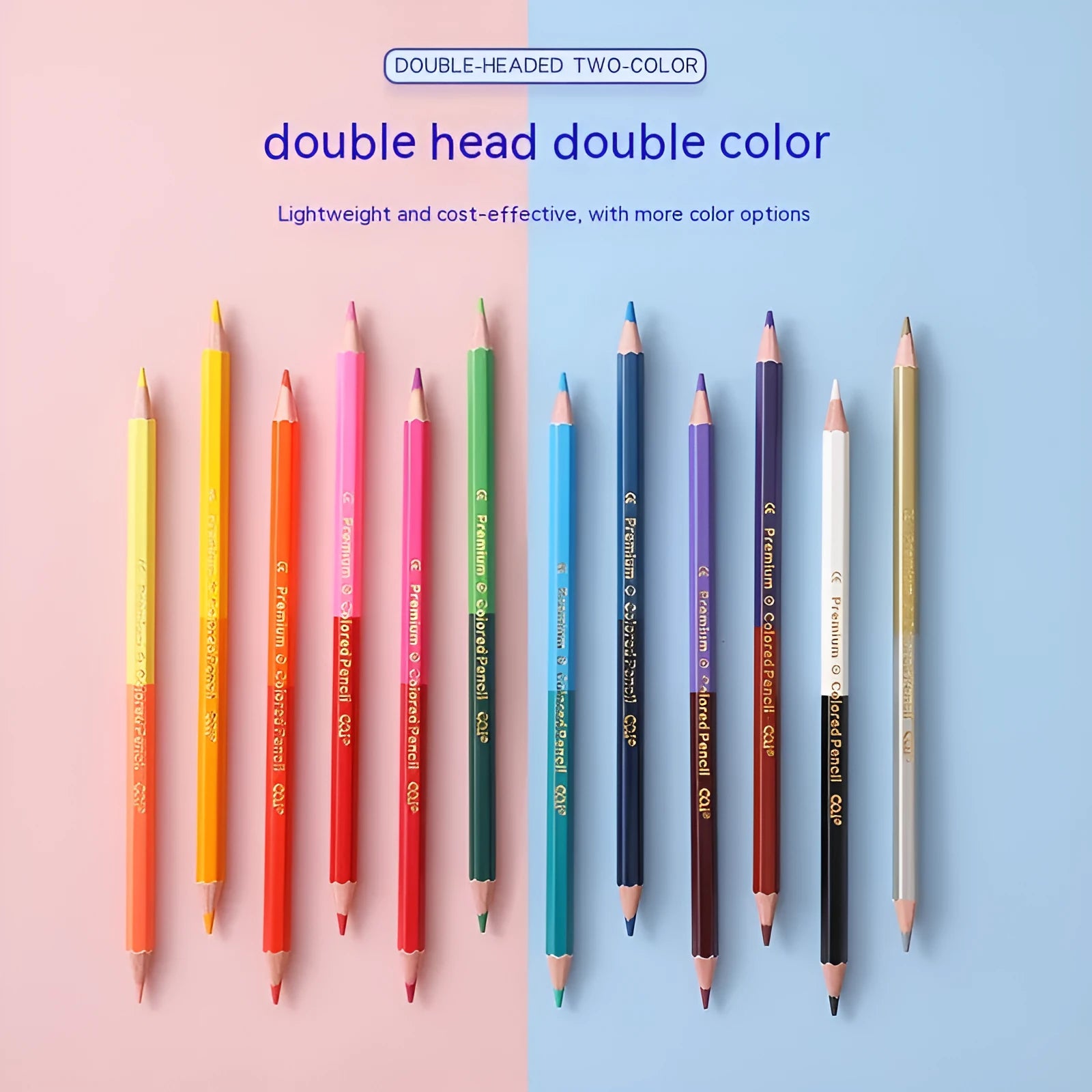 Set of wooden double-headed coloured pencils in 12-piece and 6-piece pack options for art students.