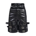 Men's black PU leather cropped pants with a ring detail on low-waist shorts.