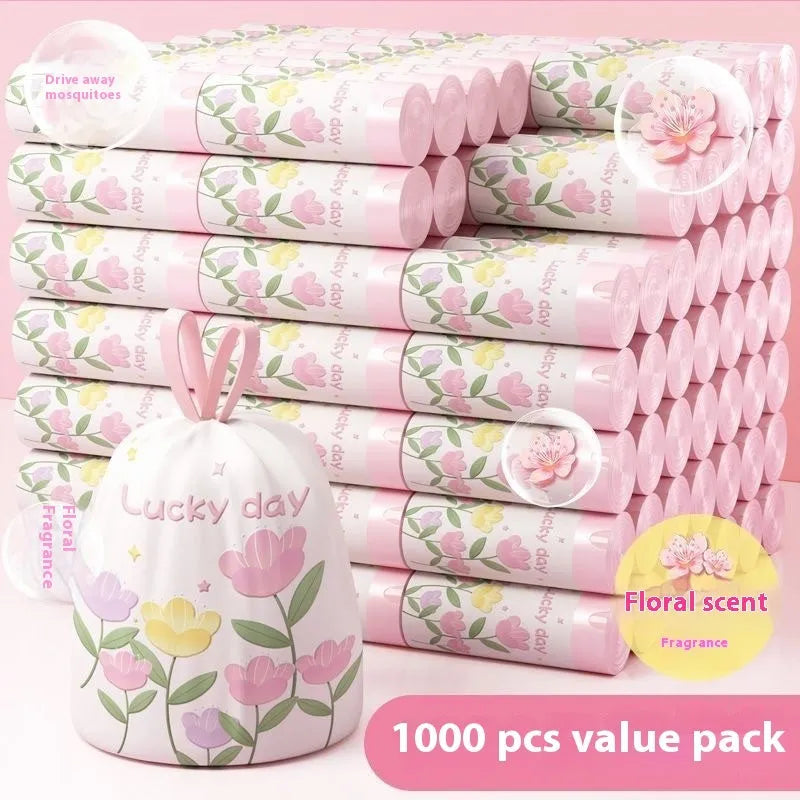 Pink drawstring garbage bag with argy wormwood scent for mosquito repellent, size 44cm by 48cm.