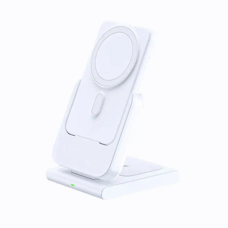Magnetic three-in-one power bank with 5000mAh capacity, foldable bracket, charging an iPhone, Apple Watch and AirPods