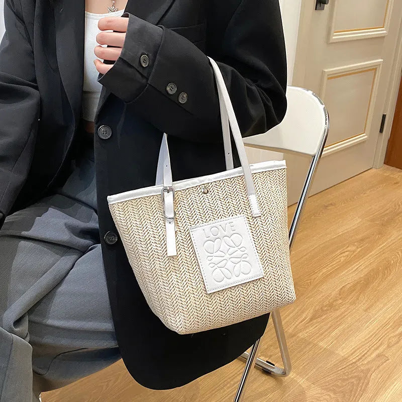 Straw woven large capacity shoulder bag with PU trim and retro styling