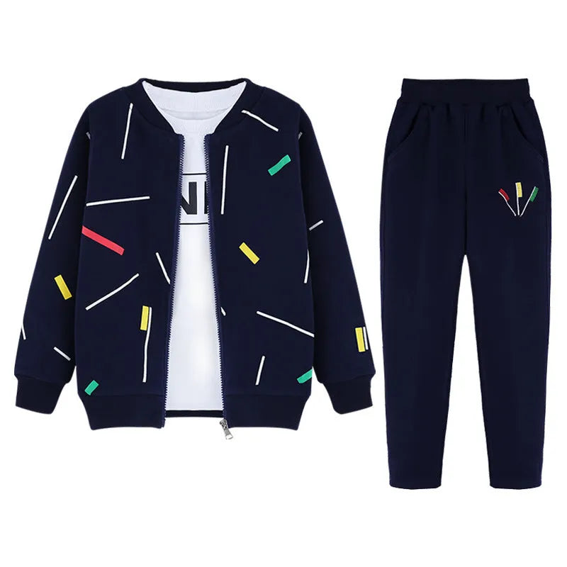 Boys' two-piece cotton outfit with printed coat and pants in navy blue, black or wine red, sizes 120-160.