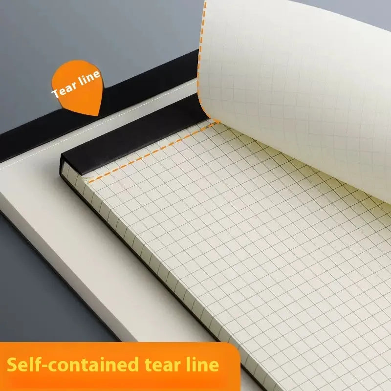 A5, B5, and A4 tearable writing pads showing blank, grid, and horizontal line page options.